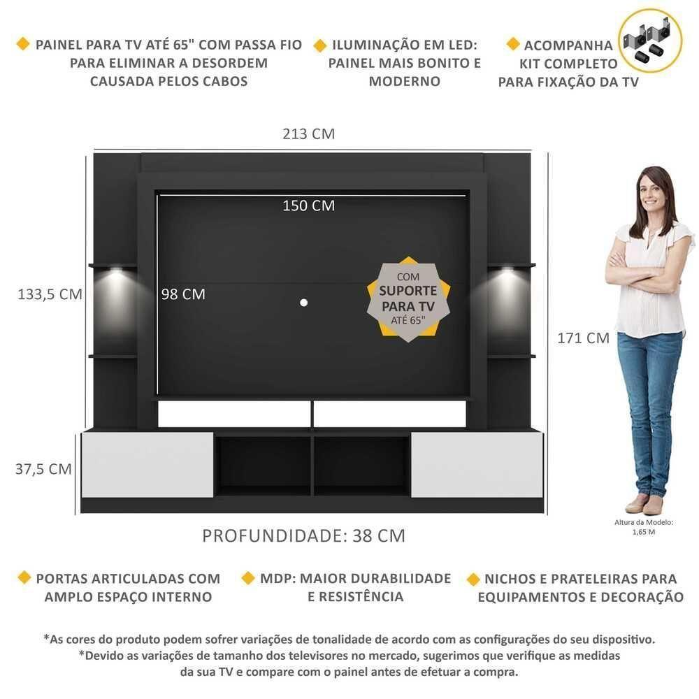 Estante Com Suporte Tv 65" E Leds Berlim Multimóveis V3384 Preta/Branca Preto/Branco - 6