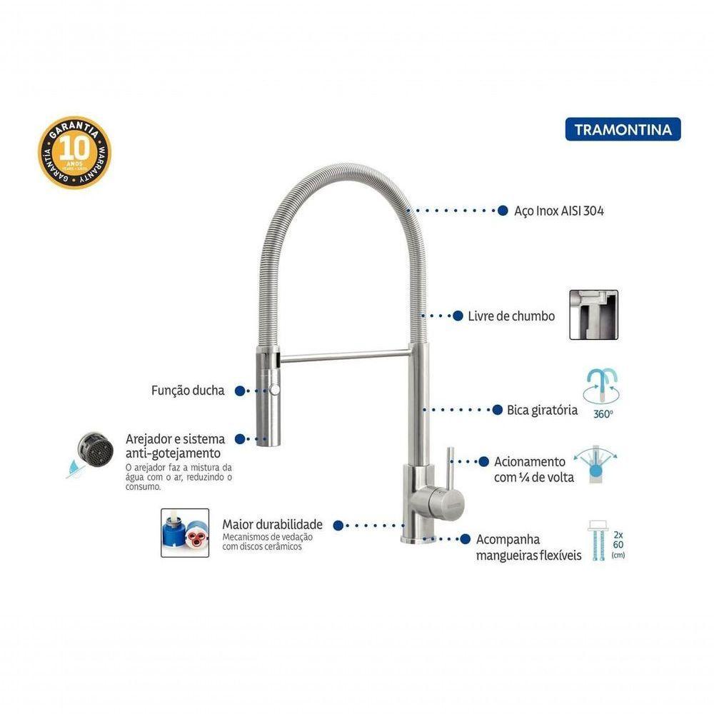 Monocomando Tramontina Versatile Com Bica Móvel Em Aço Inox - 3