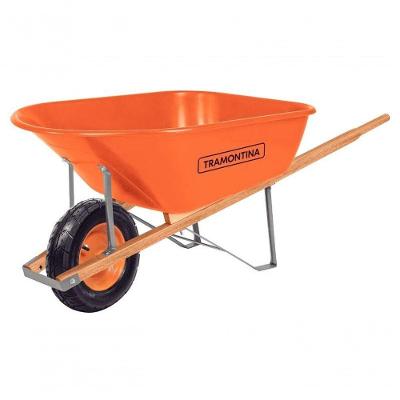 Carrinho De Mão Tramontina Com Caçamba Extrafunda Plástica Laranja 110 Litros Braço De Madeira