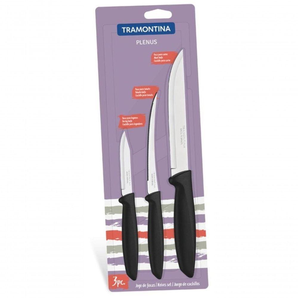 Conjunto De Facas Plenus Com Lâmina Em Aço Inox E Cabo De Polipropileno Preto 3 Peças Tramontina - 1