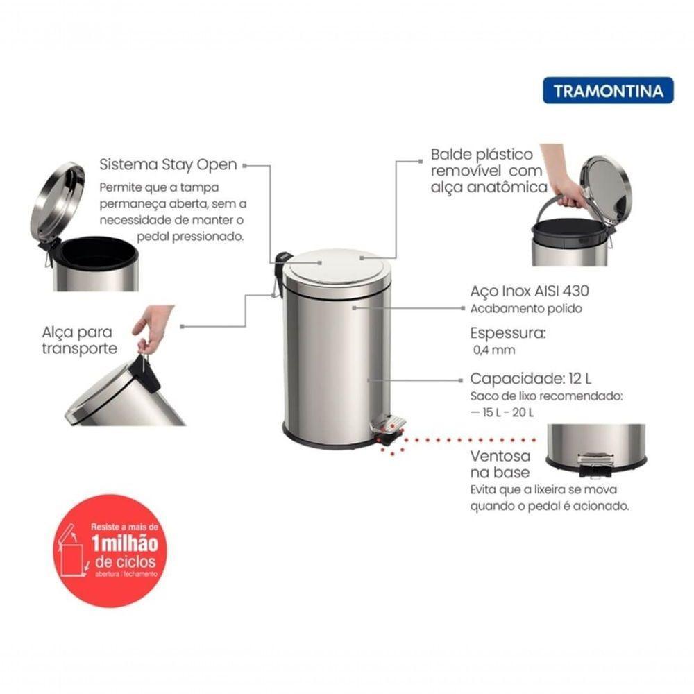 Lixeira Com Pedal Tramontina Brasil Em Inox Com Acabamento Polido 12 L - 4