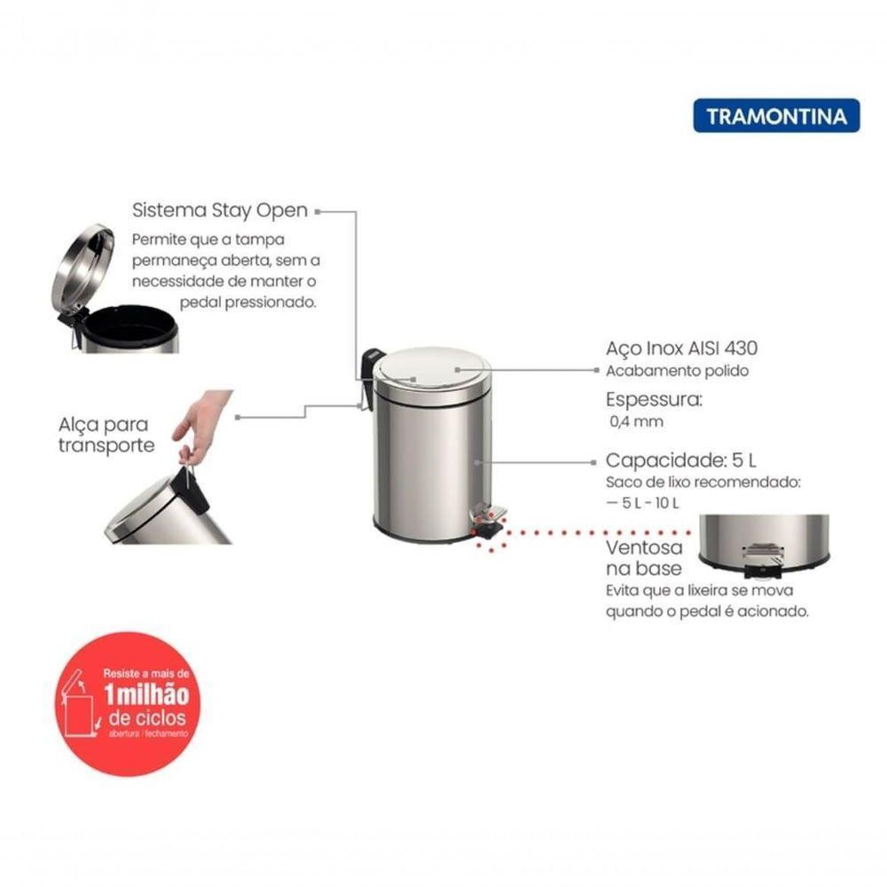 Lixeira Com Pedal Tramontina Brasil Em Inox Com Acabamento Polido 5 L - 5