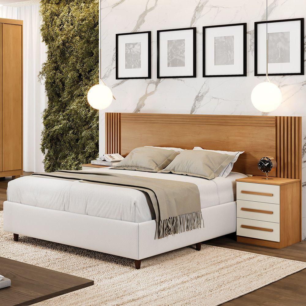 Cabeceira Casal/Queen Valência Com Mesas De Cabeceira Cinamomo Com Off White - 3