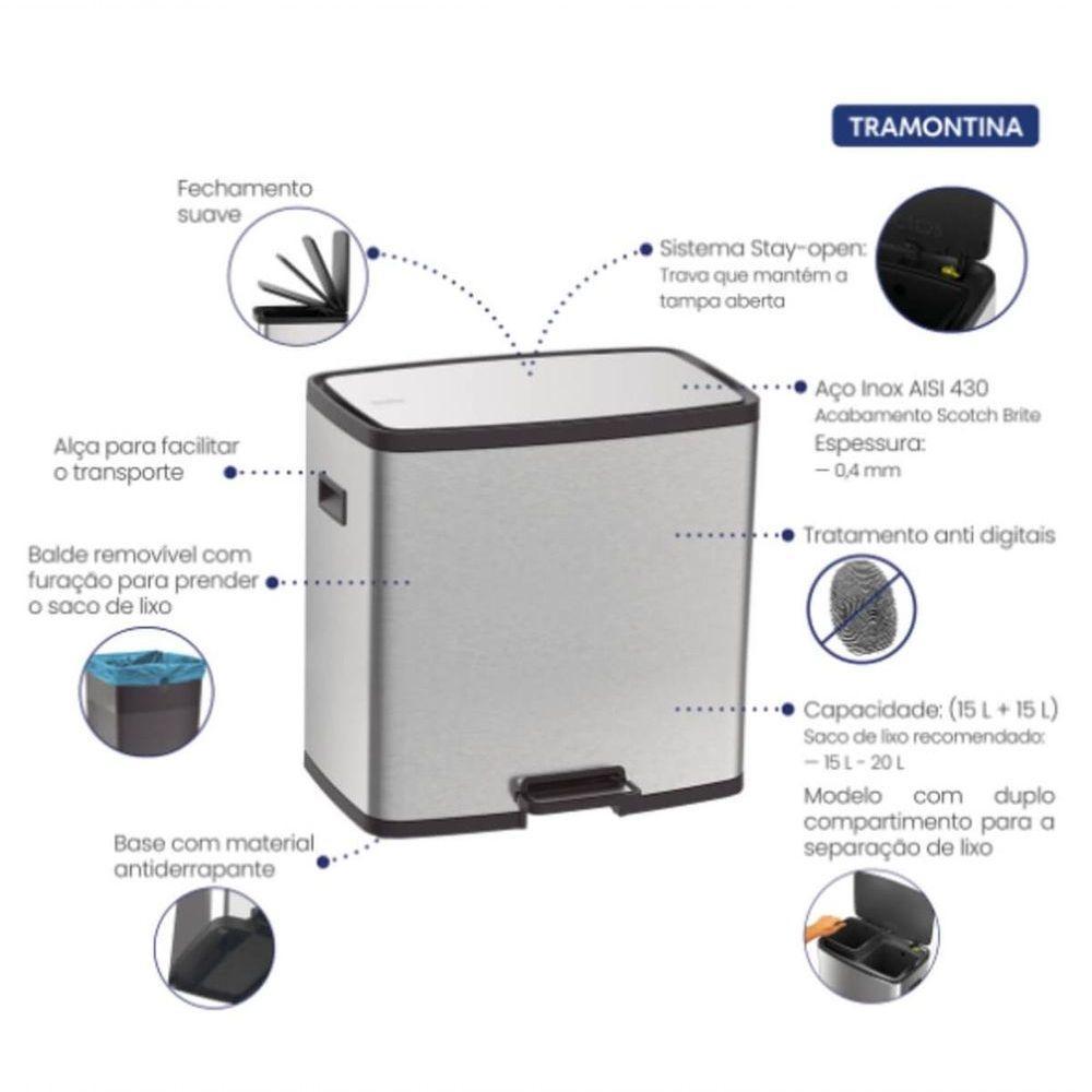 Lixeira Tramontina Octos Em Inox Com 2 Baldes Removíveis E Pedal 15+15 Litros - 5