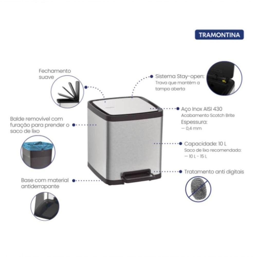 Lixeira Tramontina Octos Em Aço Inox Com Balde Removível E Pedal 10 L - 3