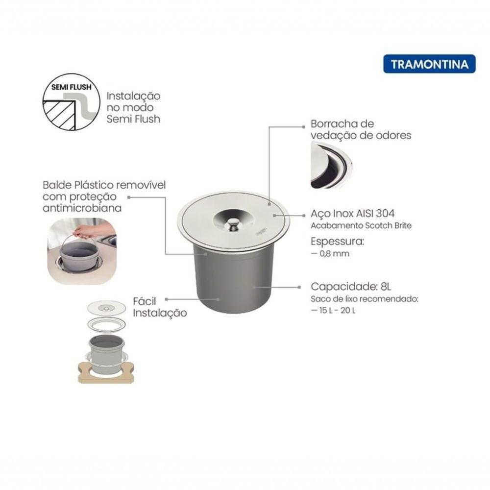Lixeira De Embutir Tramontina Clean Round Em Aço Inox Com Balde Plástico 8 L - 4