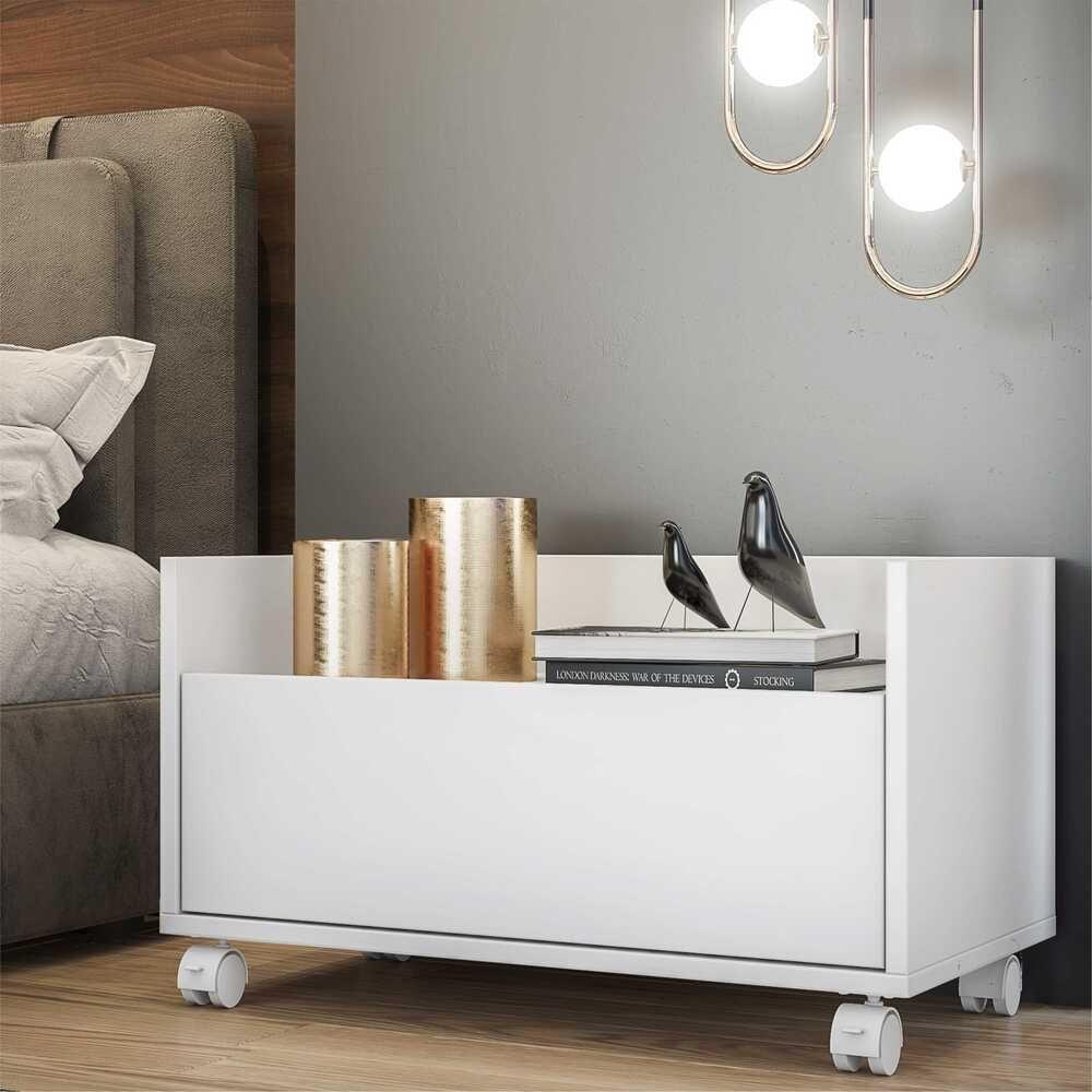 Kit Com 2 Mesas De Cabeceira 60 Cm Com Rodízios Branca - 2
