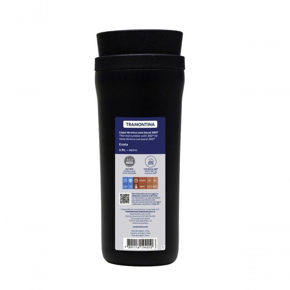 Copo Térmico Tramontina Aço Inox 460 Ml Preto Com Bocal 360° - 4