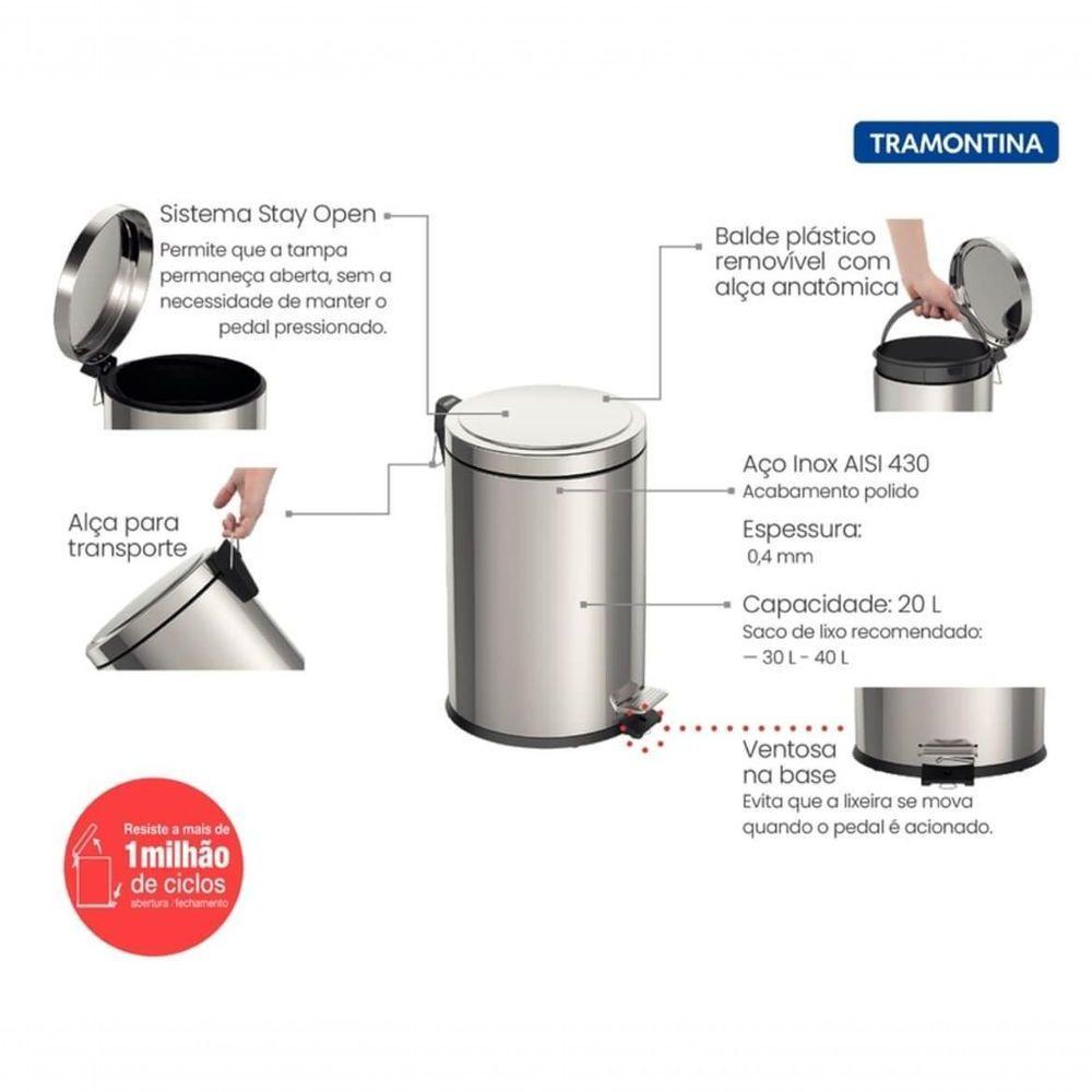 Lixeira Com Pedal Tramontina Brasil Em Inox Com Acabamento Polido 20 L - 4
