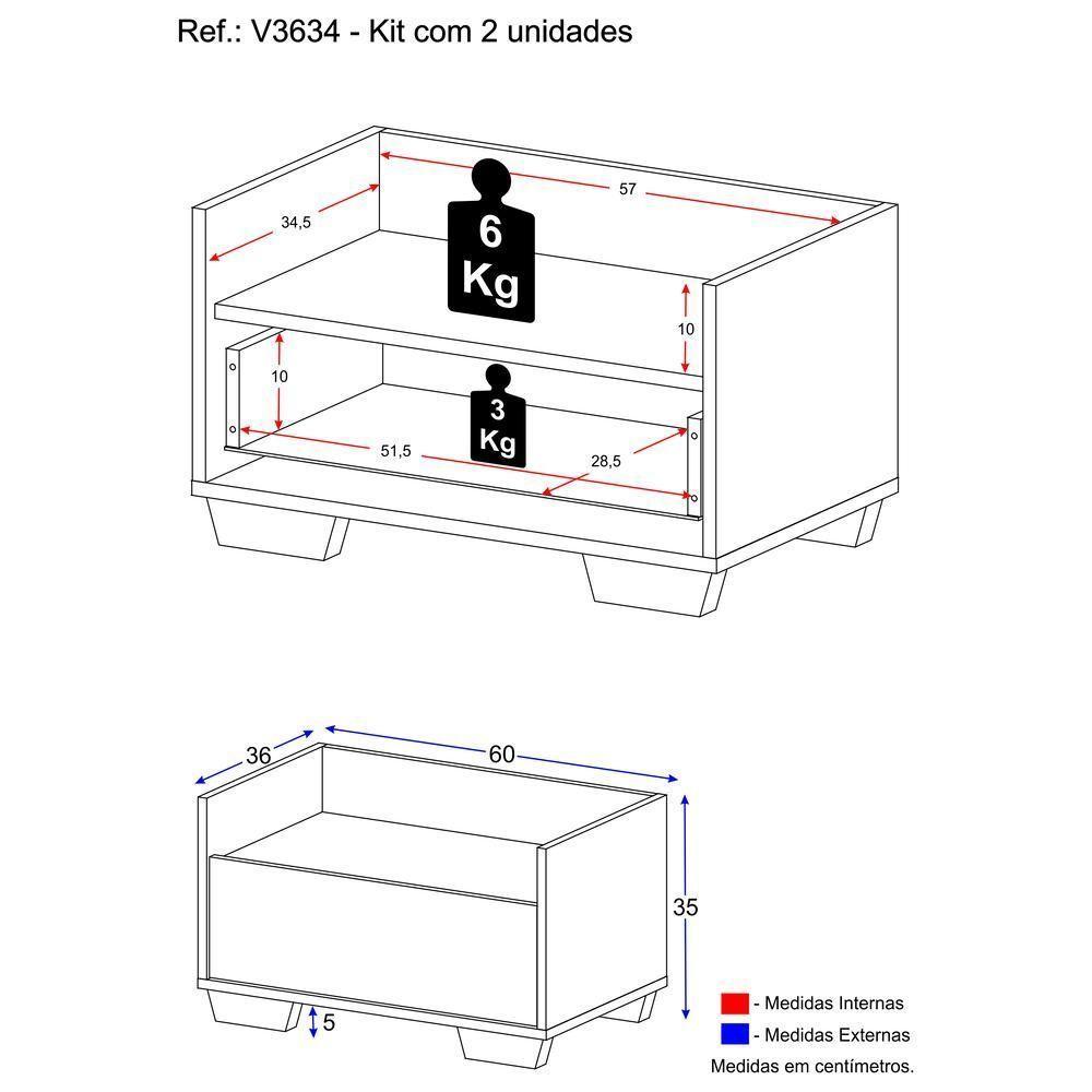 Kit Com 2 Mesas De Cabeceira 60Cm Multimóveis V3634 Branca Branco - 5