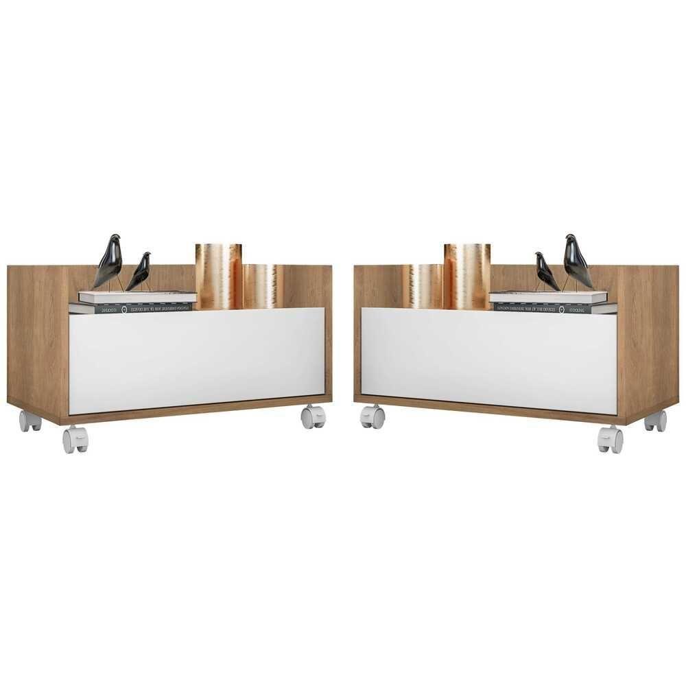 Kit C/ 2 Mesas De Cabeceira 80 Cm C/ Rodízios Rustic/branco - 1