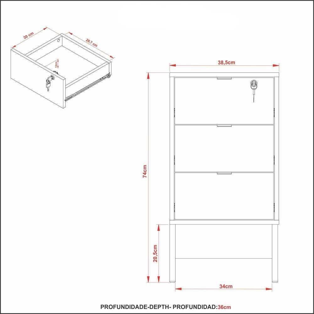 Gaveteiro Para Escritório Com Chave Cr25055 Amendoa/Preto - 4