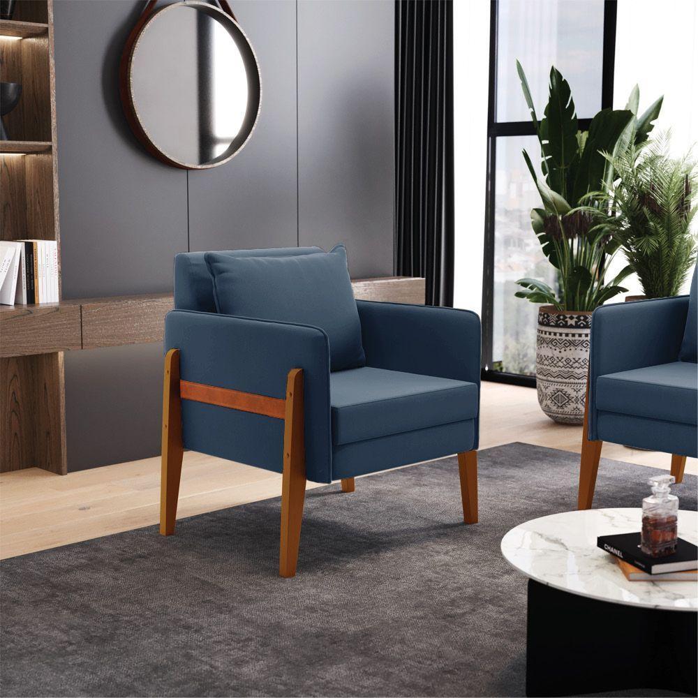 Poltrona Lana Suede Base De Madeira - D'Rossi Azul Marinho - 5