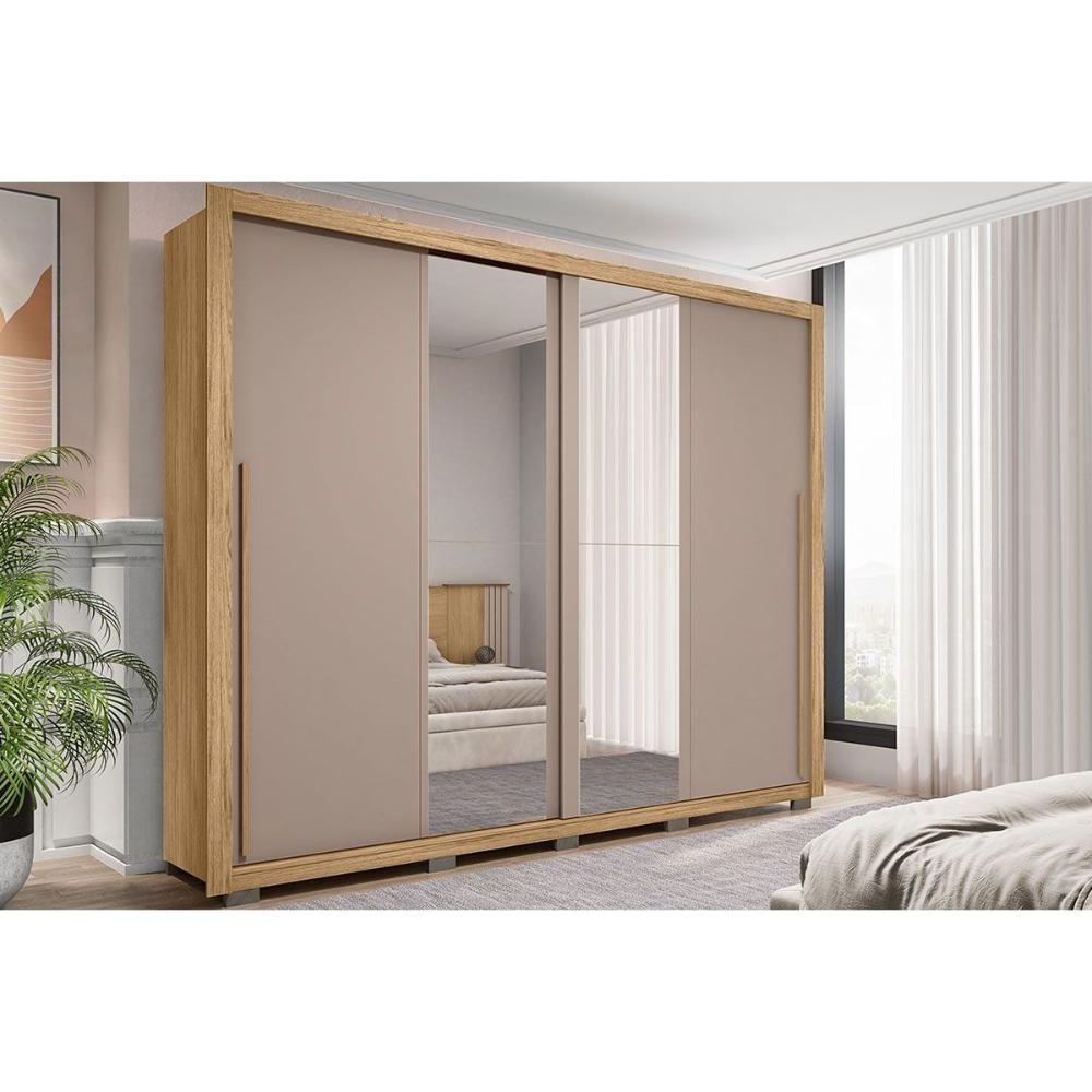 Guarda Roupa 2 Portas De Correr C/ Espelho E 4 Gavetas Praticus Lux Buriti/fendi - Caemmun - 1