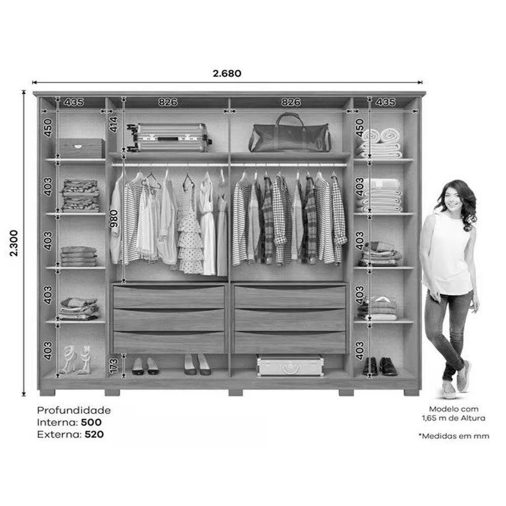 Guarda Roupa 6 Portas (2 C/ Espelho) E 6 Gavetas C/ Pés Dubai Nature/off White - Henn - 2