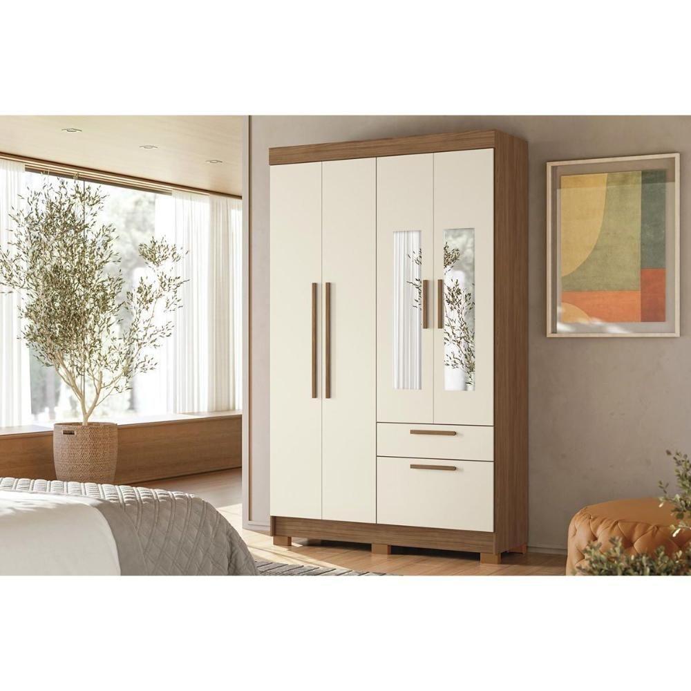 Guarda Roupa Solteiro 4 Portas (2 C/ Espelho) E 2 Gavetas C/ Pés Londrina 4.2 Jatoba/areia - Santos Andirá - 1