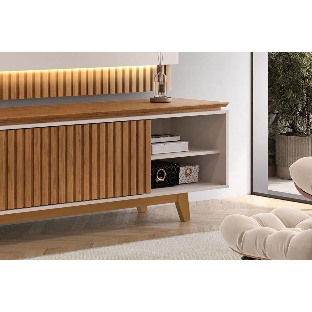 Rack Bancada C/ Painel P/ Tv Até 75 Pol Loren Nicho 201x58cm Freijo/off White - Dj Móveis - 4