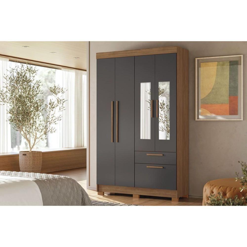 Guarda Roupa Solteiro 4 Portas (2 C/ Espelho) E 2 Gavetas C/ Pés Londrina 4.2 Jatobá/grafite - Santos Andirá - 1