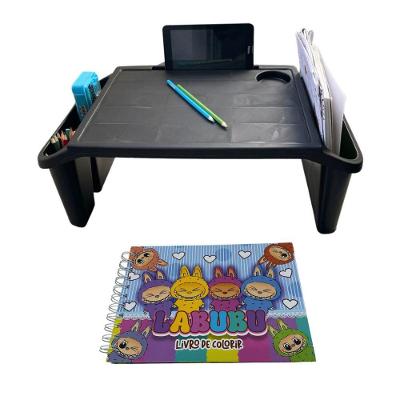 Mesa Apoio Infantil + Livro De Capa Dura – 48 Páginas Para Colorir, Criar E Aprender Bandeja Preta Lobubu Rosa