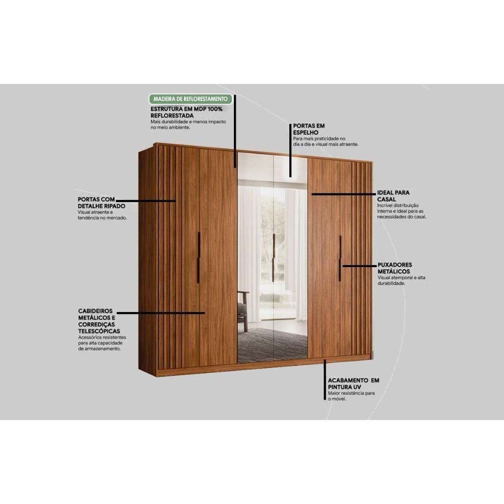 Guarda Roupa Casal 6 Portas (2 C/ Espelho) E 6 Gavetas Atrice Nogueira Touch - Demóbile - 6