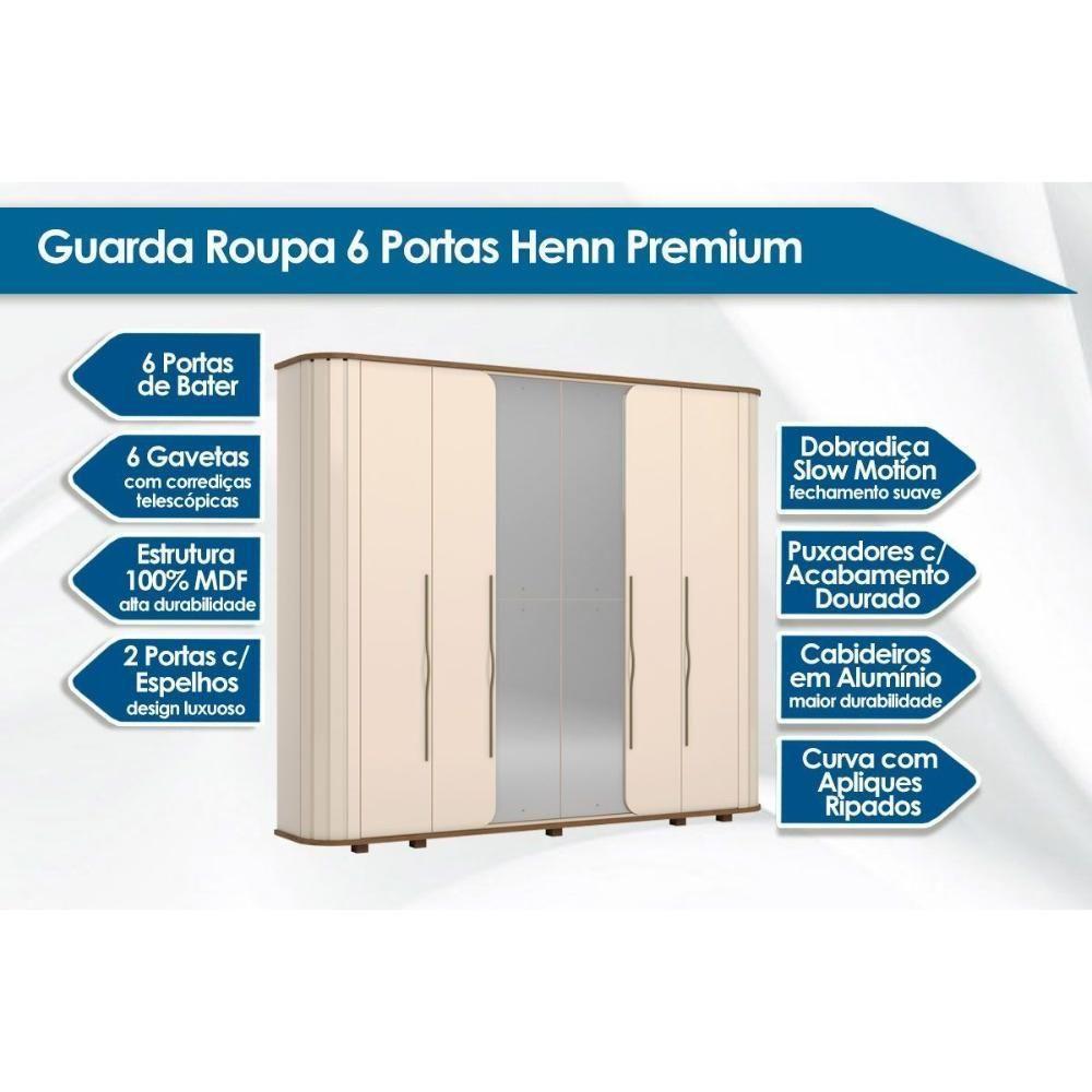 Guarda Roupa 6 Portas (2 C/ Espelho) E 6 Gavetas C/ Pés Premium Off White/nature - Henn - 2