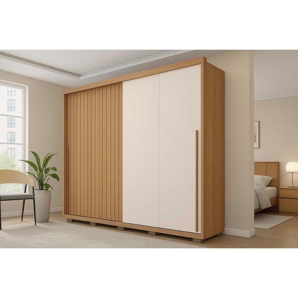 Guarda Roupa Casal 2 Portas De Correr (1 Ripada) E 4 Gavetas Moviment 2.4 Flex Freijo/off White Ou Sued - Caemmun - 1
