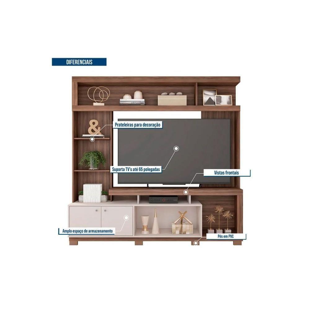 Rack Bancada C/ Painel P/ Tv Até 70 Pol Formosa Nicho E Pés 210x207cm Freijo/off White - Caemmun - 4