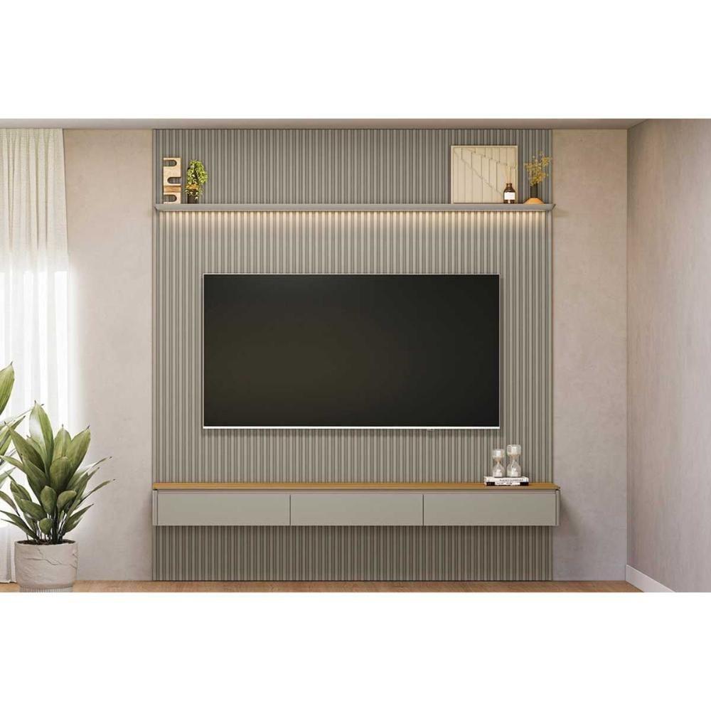 Home P/ Tv Até 85 Pol Modular 2.2 Ripado C/ 2 Portas 1 Prat. 219x250cm Tauari/gris Fosco - Linea Brasil - 1