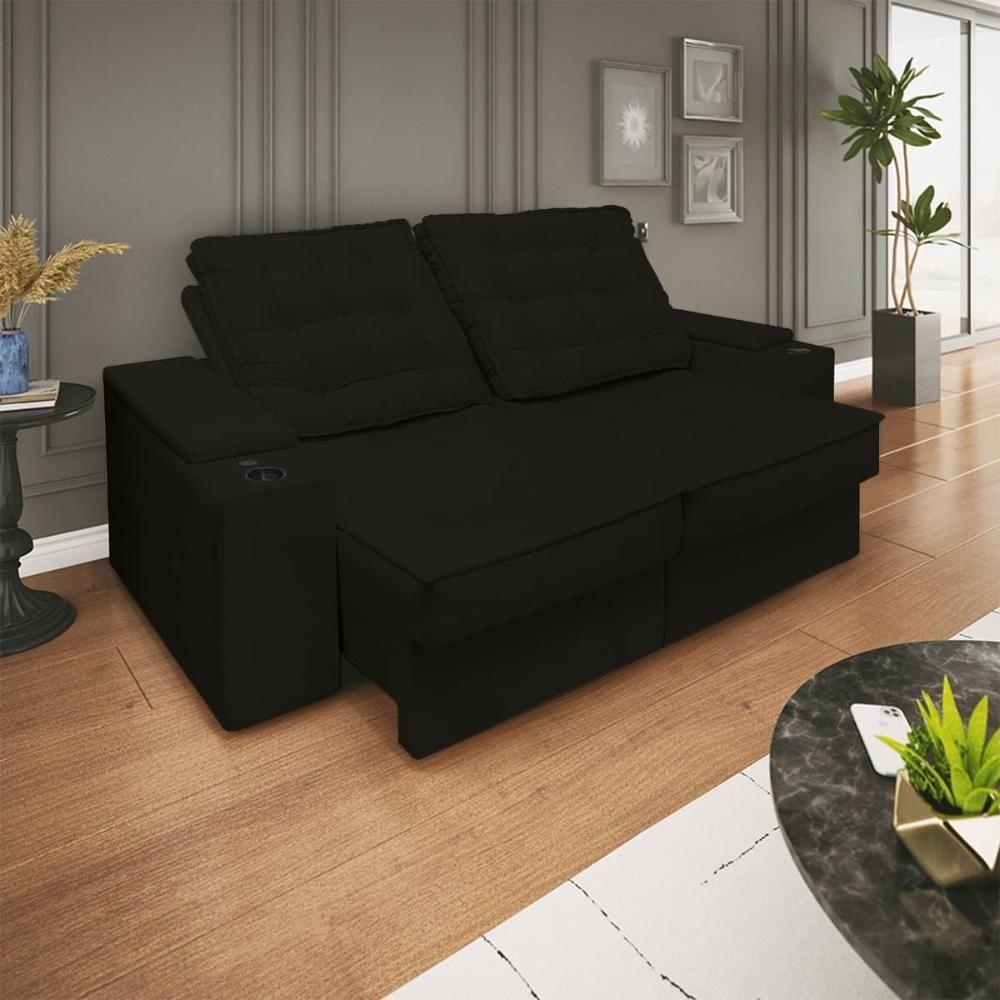 Sofá Retratil Reclinavel 3 Lugares 2,30m Porta Copo Usb Sala Cor:preto Preto - 1
