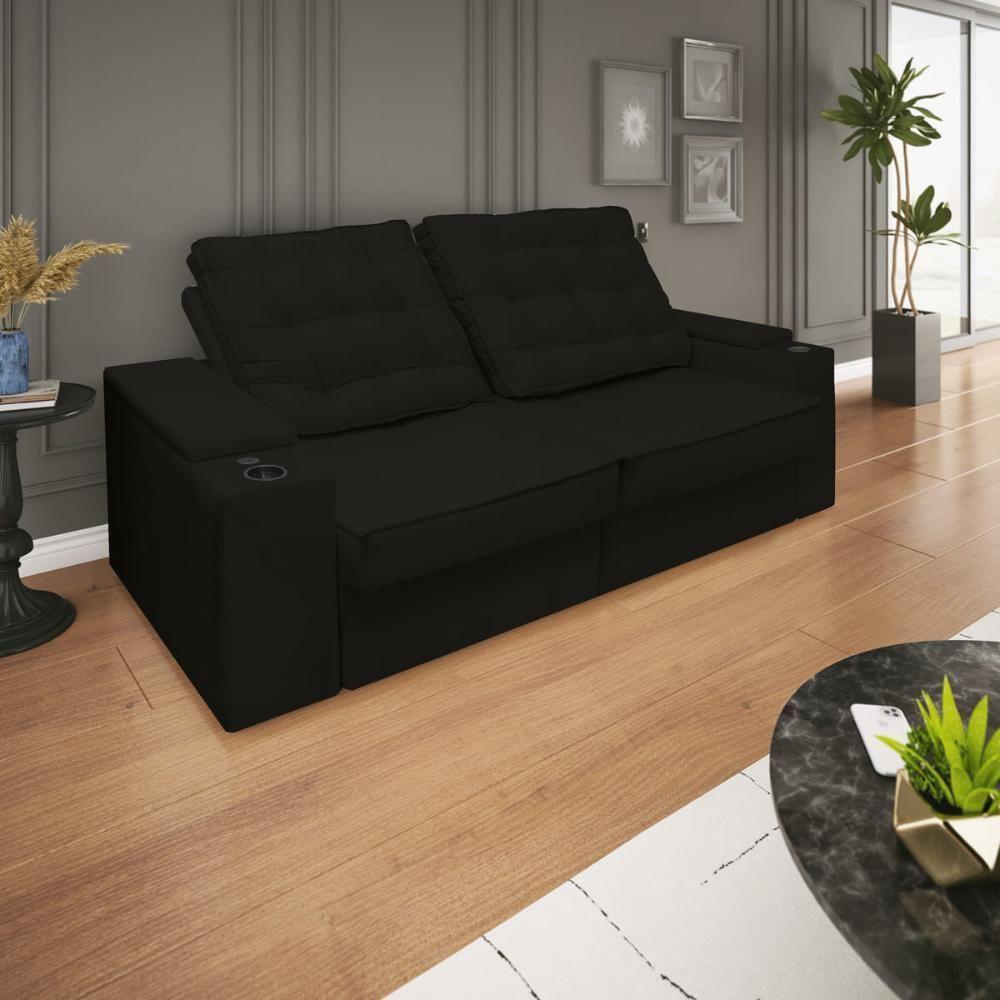 Sofá Retratil Reclinavel 3 Lugares 2,30m Porta Copo Usb Sala Cor:preto Preto - 2
