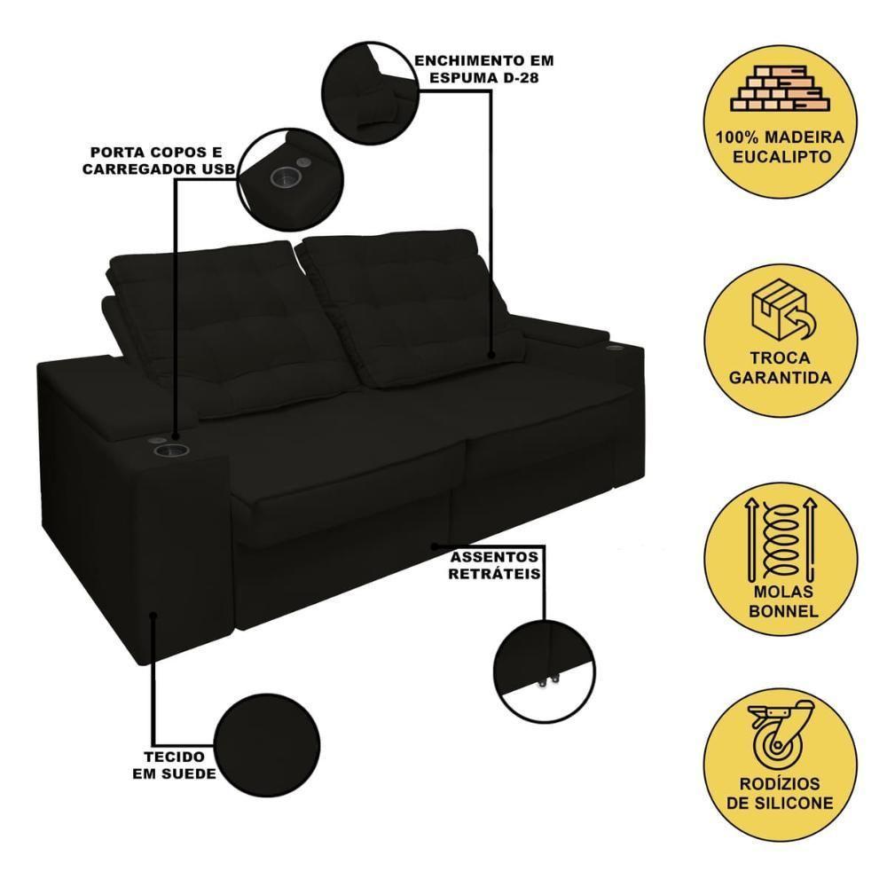 Sofá Retratil Reclinavel 3 Lugares 2,30m Porta Copo Usb Sala Cor:preto Preto - 3
