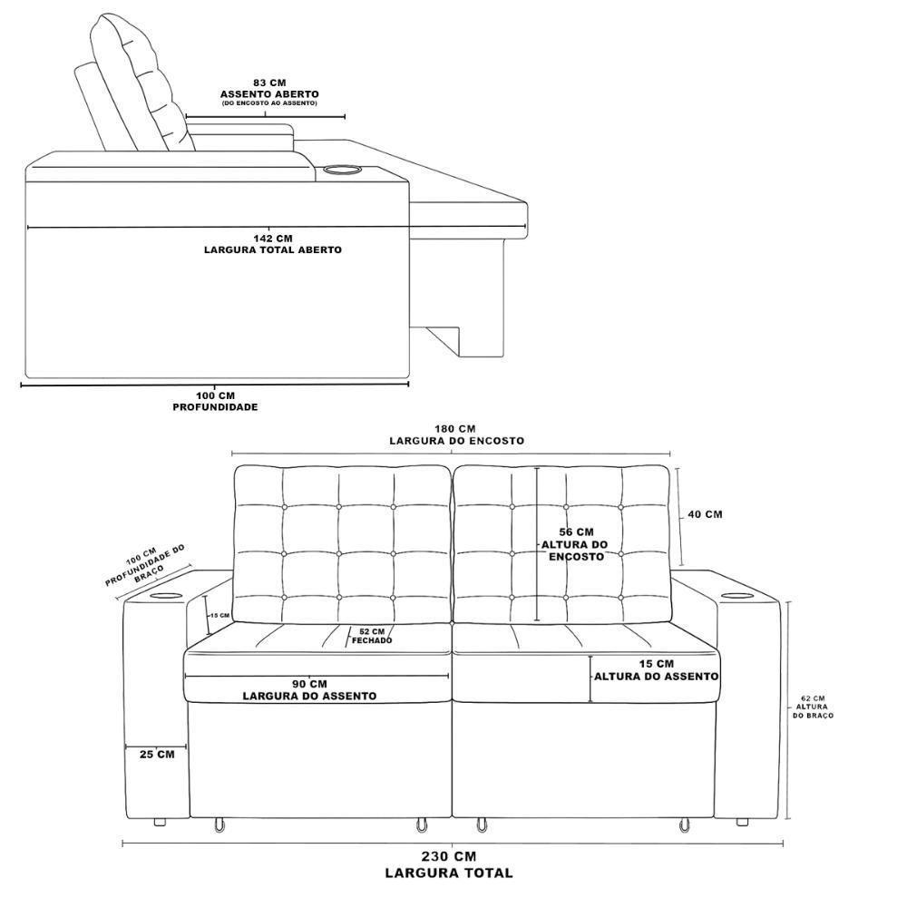 Sofá Retratil Reclinavel 3 Lugares 2,30m Porta Copo Usb Sala Cor:preto Preto - 4