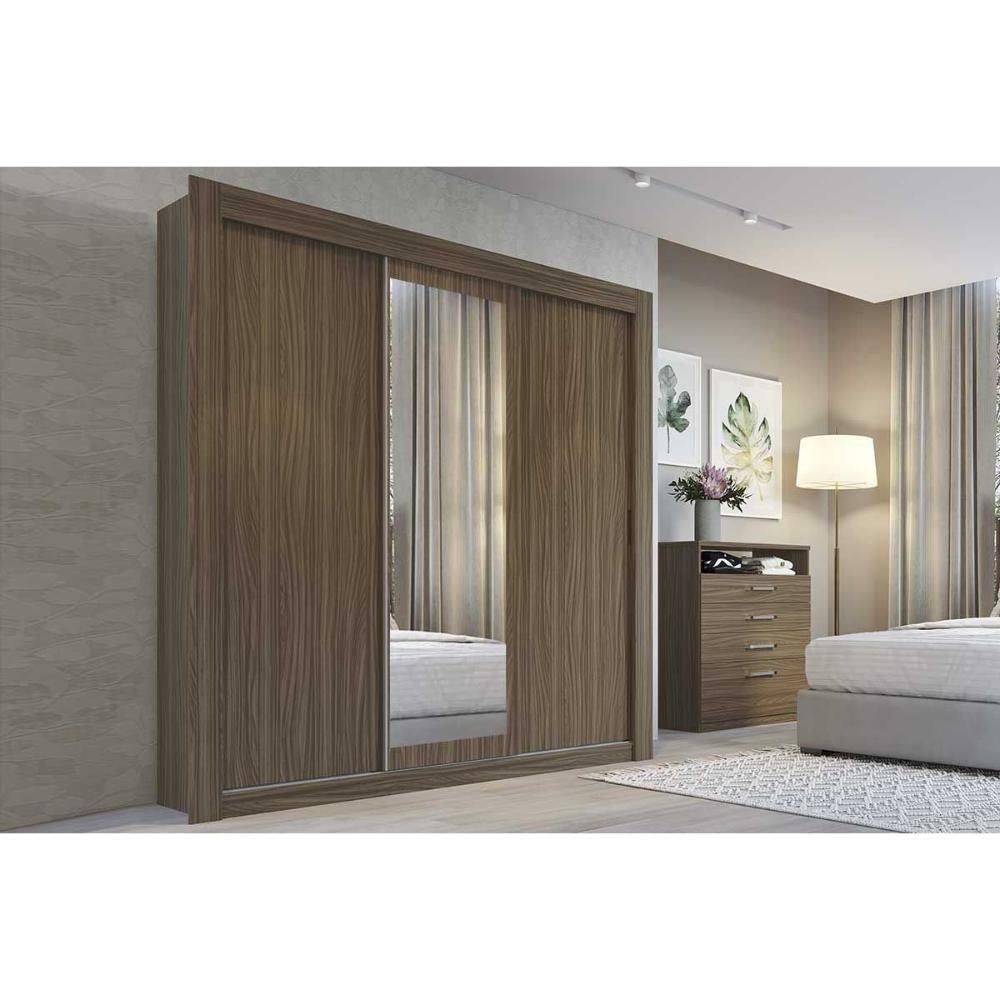 Guarda Roupa Casal 3 Portas De Correr C/ Espelho E 2 Gavetas Ph 1681 Nogueira - Herval - 1