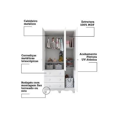 Guarda Roupa Infantil Solteiro Júnior 3 Portas de Bater 3 Gavetas Branco Móveis Peroba