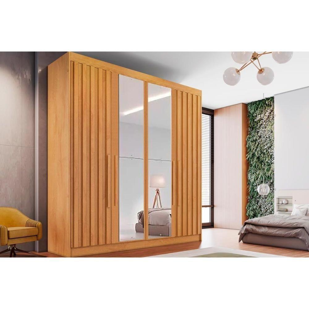 Guarda Roupa 4 Portas Ripadas (2 C/ Espelho) E 3 Gavetas Potente Peroba - Europa - 1