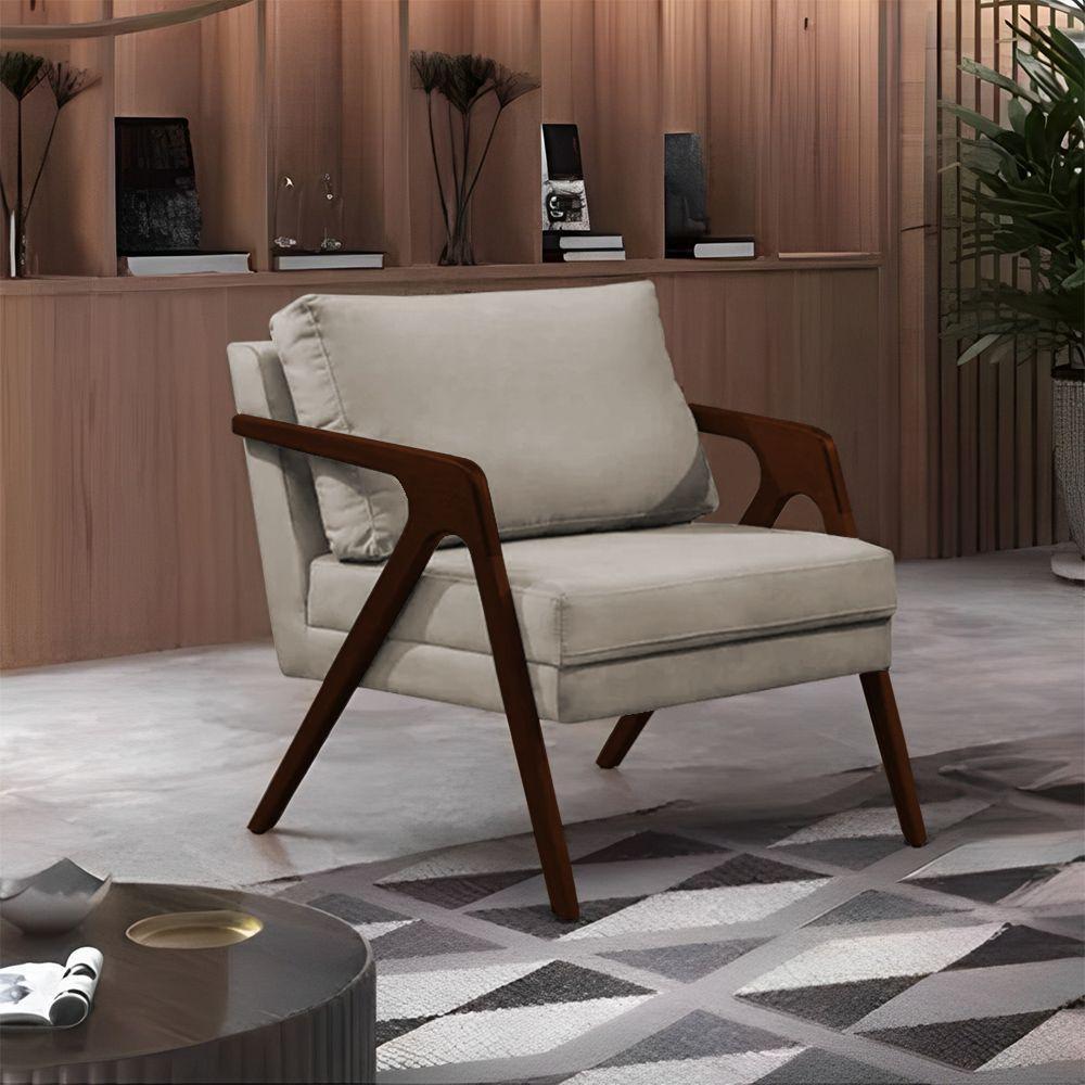 Poltrona Mona Monique Luxo Base Madeira Maciça Castanho Veludo Bege - 1