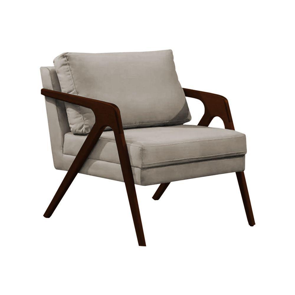 Poltrona Mona Monique Luxo Base Madeira Maciça Castanho Veludo Bege - 2