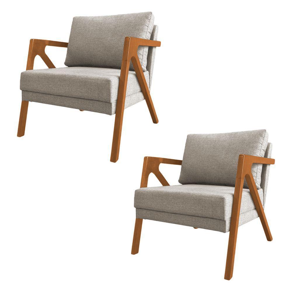 Kit 2 Poltronas Mona Monique Luxo Base Madeira Maciça Cerejeira Linho Bege - 1