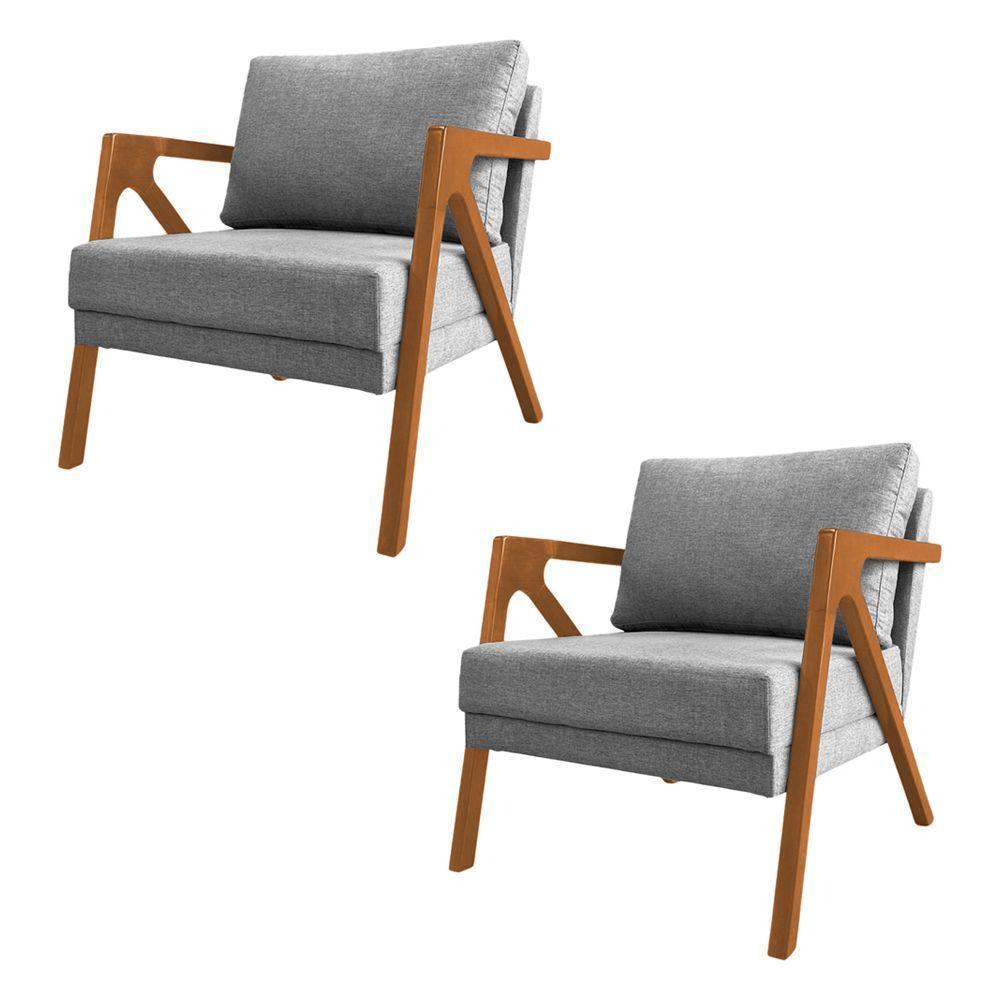 Kit 2 Poltronas Mona Monique Luxo Base Madeira Maciça Cerejeira Linho Cinza - 1