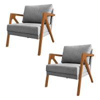 Kit 2 Poltronas Mona Monique Luxo Base Madeira Maciça Cerejeira Linho Cinza - 1