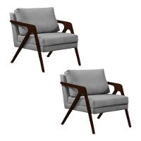 Kit 2 Poltronas Mona Monique Luxo Base Madeira Maciça Castanho Veludo Cinza - 1