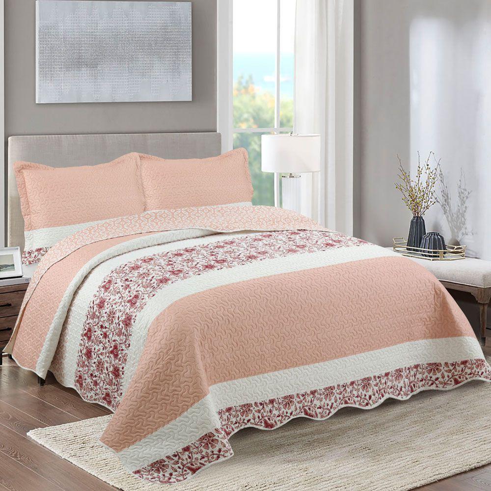 Kit Cobre Leito Colcha Mix King Estampado Dupla Face Floral 3 Peças - Talita - Salmão - 1