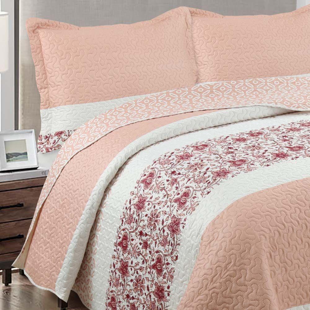 Kit Cobre Leito Colcha Mix King Estampado Dupla Face Floral 3 Peças - Talita - Salmão - 2