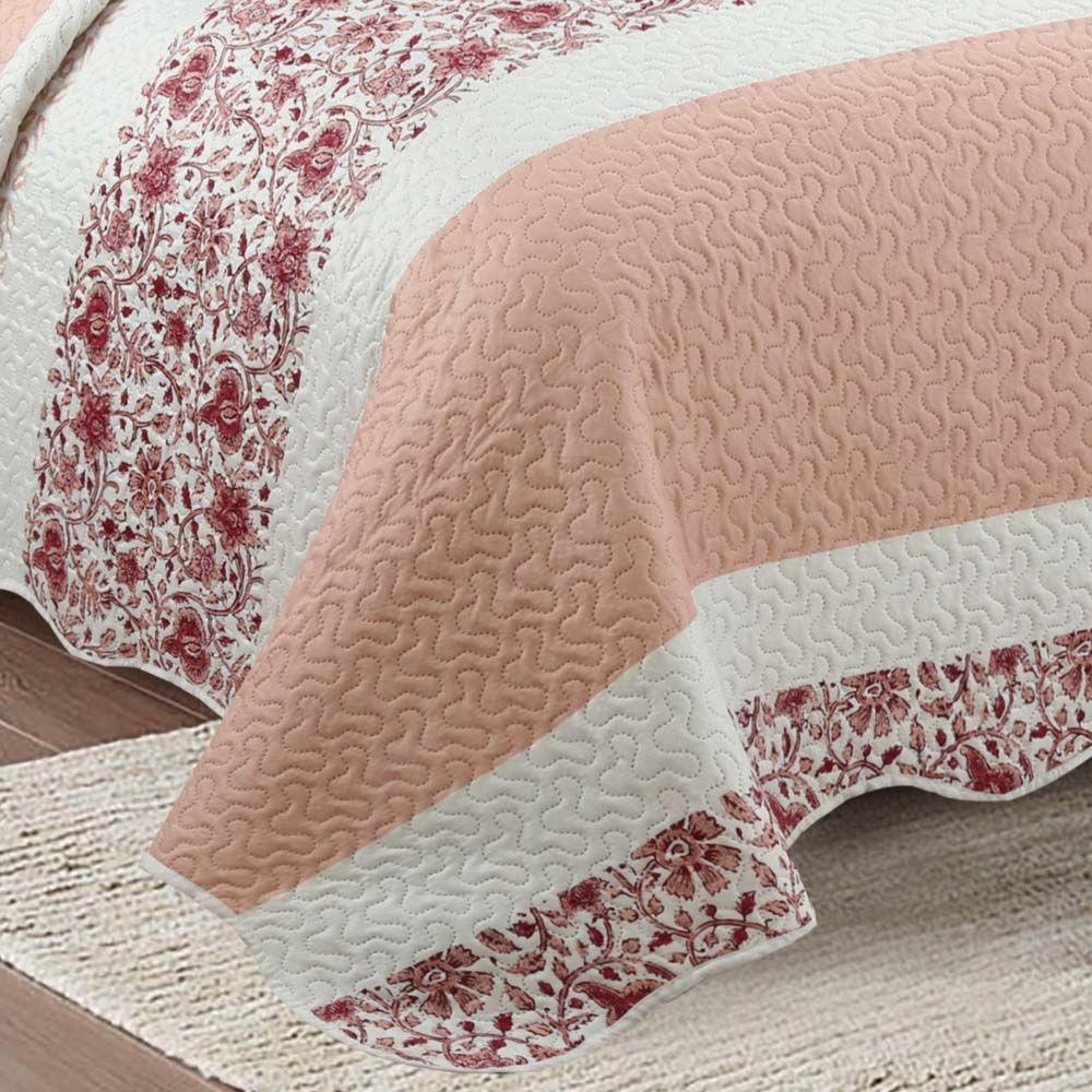 Kit Cobre Leito Colcha Mix King Estampado Dupla Face Floral 3 Peças - Talita - Salmão - 3