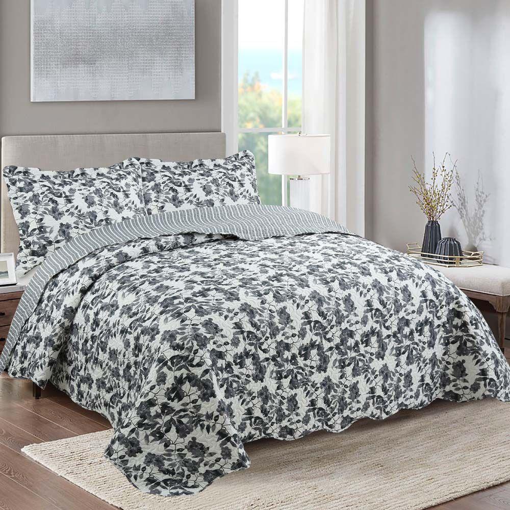 Kit Cobre Leito Colcha Mix King Estampado Dupla Face Floral 3 Peças - Amanda - Palha - 1