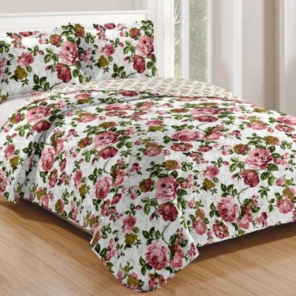 Kit Cobre Leito Colcha Mix King Estampado Dupla Face Floral 3 Peças - Helena - 1