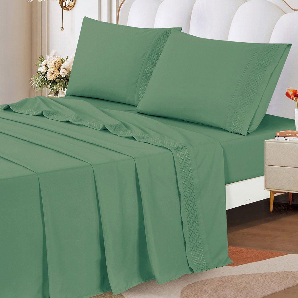 Jogo De Lençol Quadri Queen 4 Peças Micropercal 300 Fios Bordado - Verde - 100% Poliéster - 2
