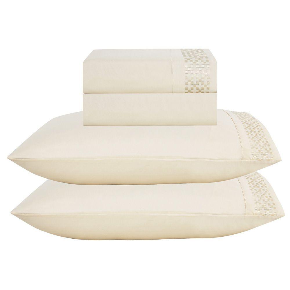 Jogo De Lençol Quadri Queen 4 Peças Micropercal 300 Fios Bordado - Palha - 100% Poliéster - 1