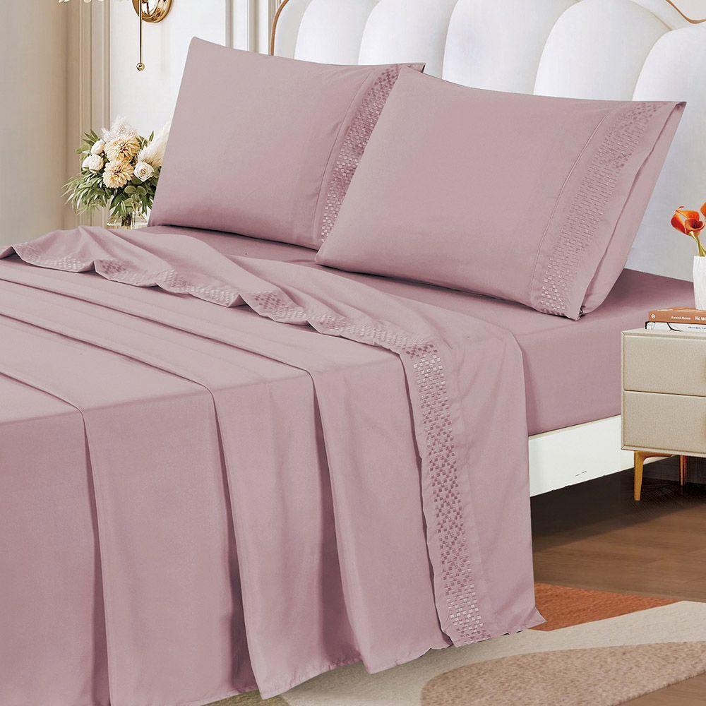 Jogo De Lençol Quadri Queen 4 Peças Micropercal 300 Fios Bordado - Malva - 100% Poliéster - 2