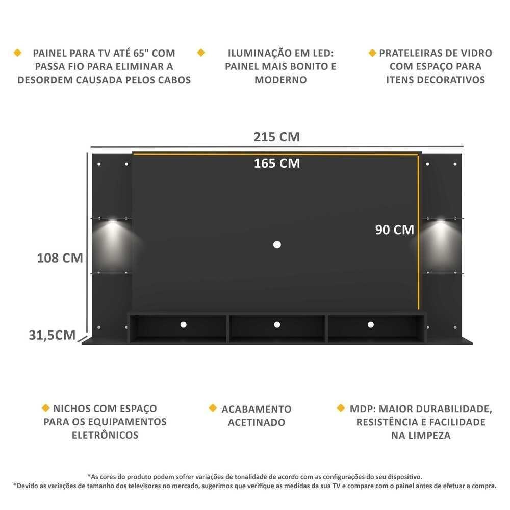 Painel Tv 65" Com 2 Leds Vegas Premium Multimóveis V3675 Preto Preto - 6